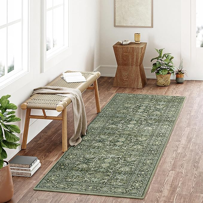 Green Runner Rug 3x8 Vintage Area Carpet Hallway Long Indoor Kitchen Washable Living Room Low Pile Traditional Distressed Retro Accent Throw Rug Non Slip Laundry Bathroom Office Dining Room
