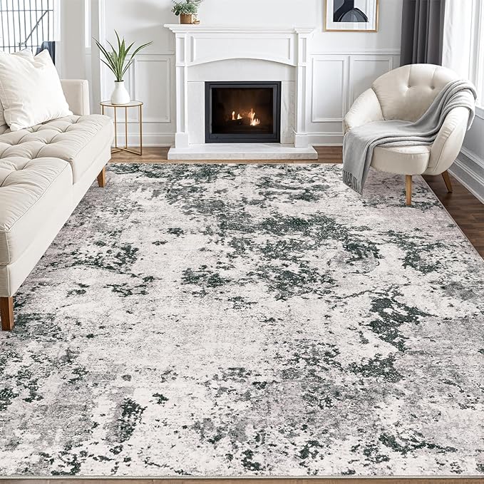 Area Rugs for Living Room: 6x9 Abstract Washable Rug Large Soft Stain Resistant Non-Slip Backing for Bedroom Dining Room Indoor Home Office Carpet for Kids Pet Friendly Families - Dark Grey