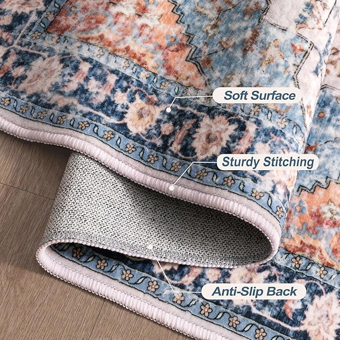 2x10 Washable Runner Rug for Hallways, Non Slip Vintage Runner Rug, Soft Low Pile Long, Print Distressed Blue/Orange Carpet Runners for Kitchen Bedroom Entryway Bathroom Living Room