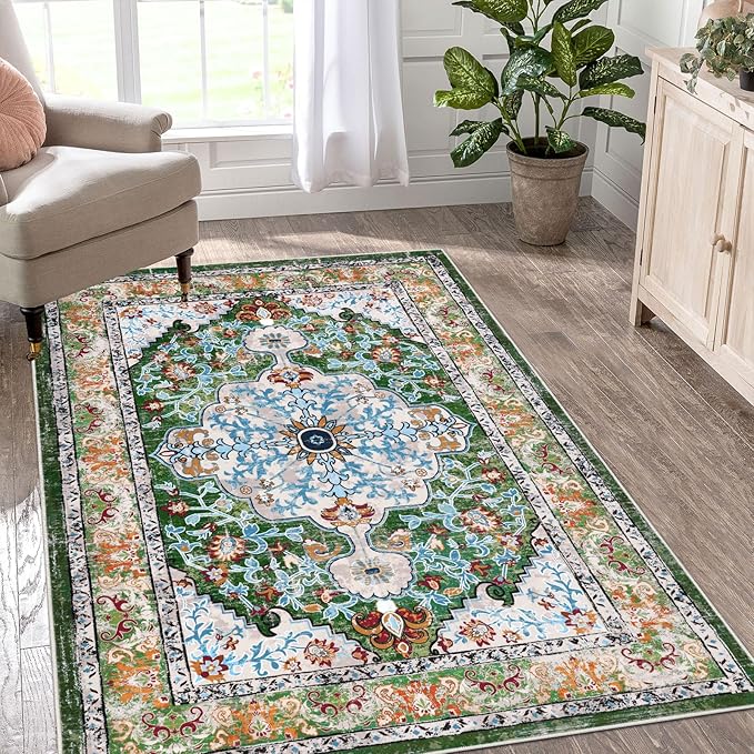 U'Artlines Boho Vintage Area Rug 4x6 Machine Washable Low Pile Soft Floor Carpet Non Slip Non Shedding Accent Rug for Living Room Bedroom Entryway Dining Room Office Green