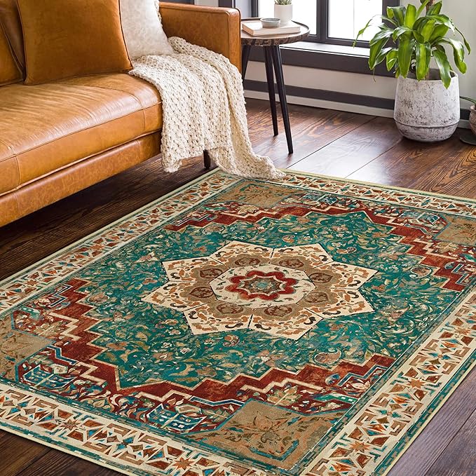 Washable Area Rug 3x5 Boho Entryway Rug Non Slip Soft Teal Rust Vintage Kitchen Rug Oriental Distressed Living Room Bedroom Rugs Indoor Floor Carpet for Bathroom Dining Room Office Entrance