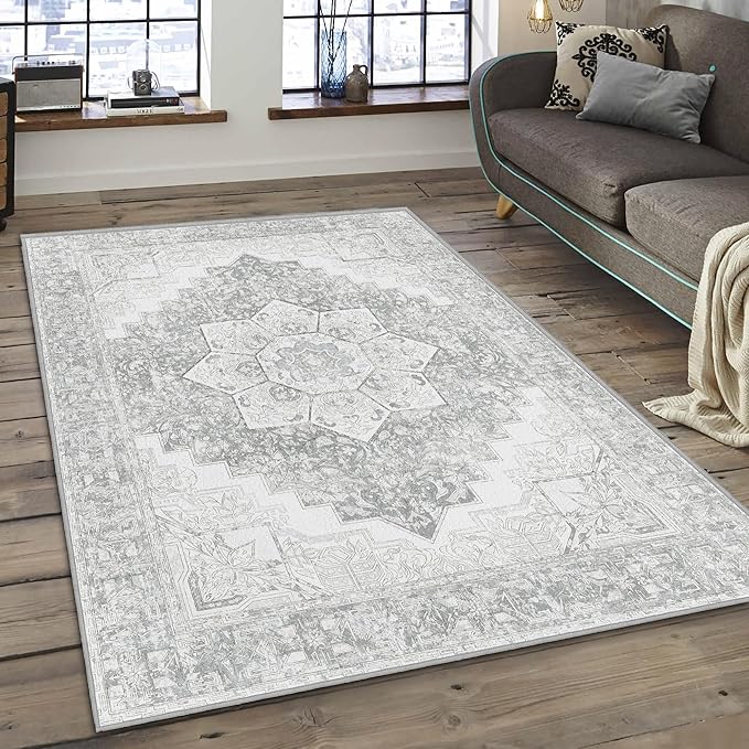 Washable Area Rug 3x5 Boho Entryway Rug Non Slip Soft Vintage Kitchen Rug Oriental Distressed Living Room Bedroom Rugs Indoor Floor Carpet for Bathroom Dining Room Office Entrance Dorm, Grey