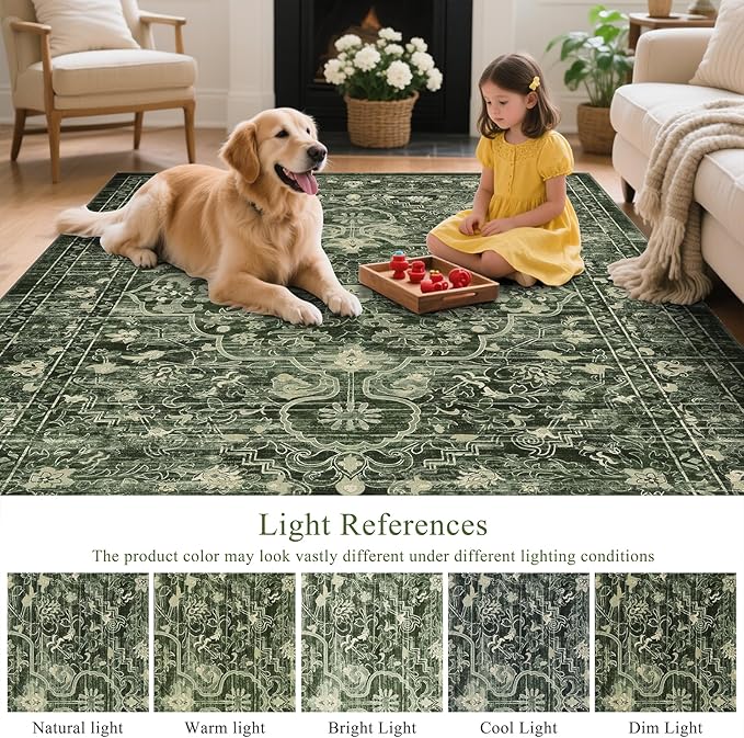U'Artlines Boho Vintage Area Rug 5x7 Machine Washable Low Pile Soft Floor Carpet Non Slip Non Shedding Accent Rug for Living Room Bedroom Entryway Dining Room Office Dark Green