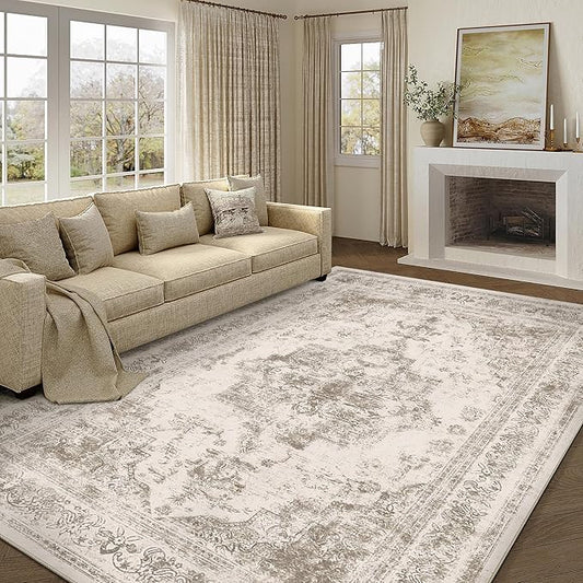 Washable Rug 10x14 Area Rug for Living Room Taupe Vintage Boho Medallion Large Distressed Retro Carpet Non Slip Indoor Low Pile Small Soft Bedroom Dining Room Home Office