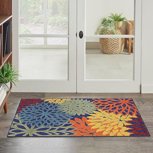 Nourison Aloha Indoor-Outdoor Navy Multicolor 2'8" x 4' Area Rug, Easy Cleaning, Non Shedding, Bed Room, Living Room, Dining Room, Backyard, Deck, Patio (3x4)
