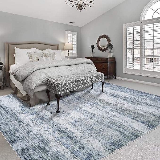 10x14 Area Rugs for Living Room: Large Machine Washable Area Rug with Non Slip Backing Non Shedding Abstract Stain Resistant Carpet for Bedroom Dining Room Nursery Home Office- Blue/Gray