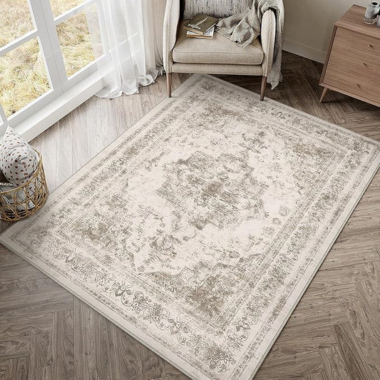 Area Rug 3x5 Washable Taupe Rug Vintage Boho Medallion Entryway Door Mat Entrance Distressed Retro Carpet Non Slip Low Pile Small Soft for Office Kitchen Bedroom Laundry Bathroom Hallway