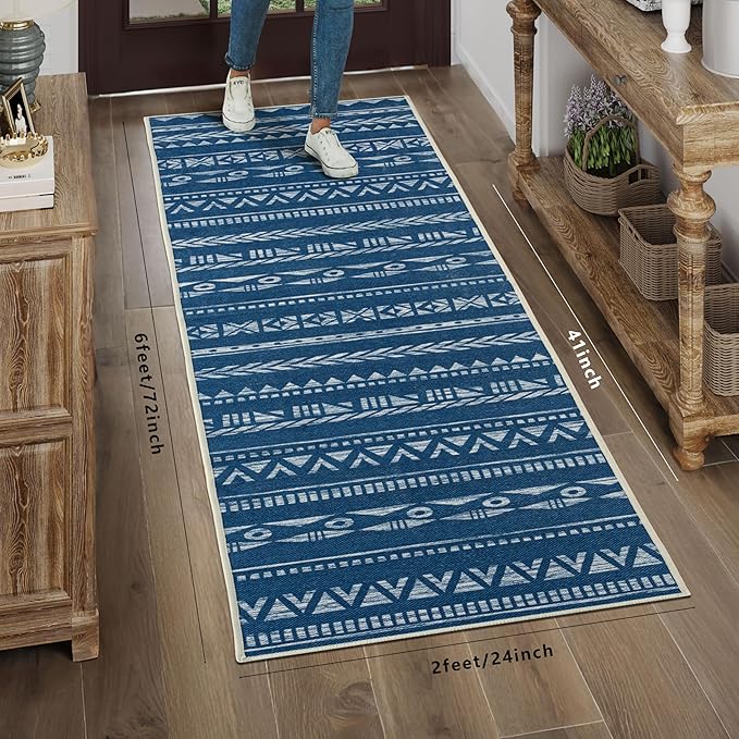 Runners for Hallways Kitchen Runner Rug Non Slip 2x6 Washable Runner Rugs Tear and Stain Resistance, Hand Woven Style Thin Runners for Hallways, Kitchen, Laundry, Bedroom, Bathroom- Blue