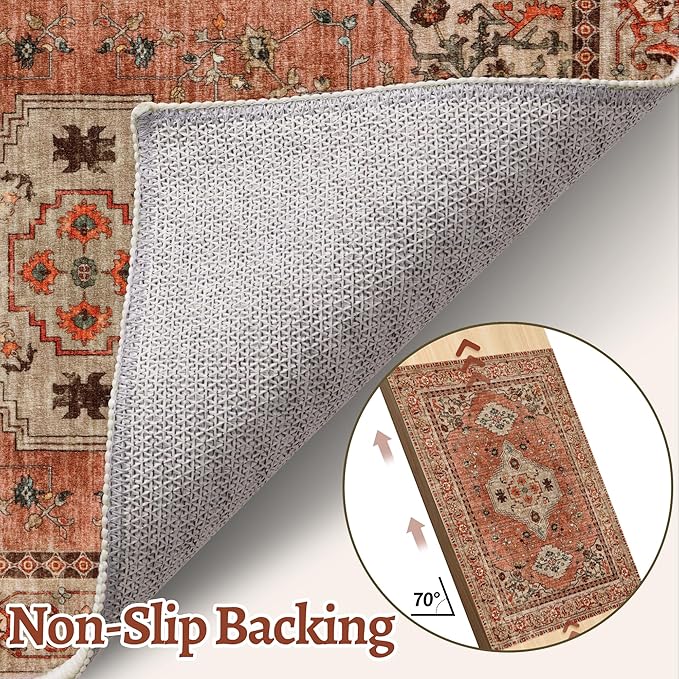 Boho Runner Rug, 2x6 Washable Runner Rugs for Hallways, Non Slip Vintage, Soft Low Pile Long Rug,Distressed Terracotta Oriental Carpet Runners for Kitchen Bedroom Entryway Living Room
