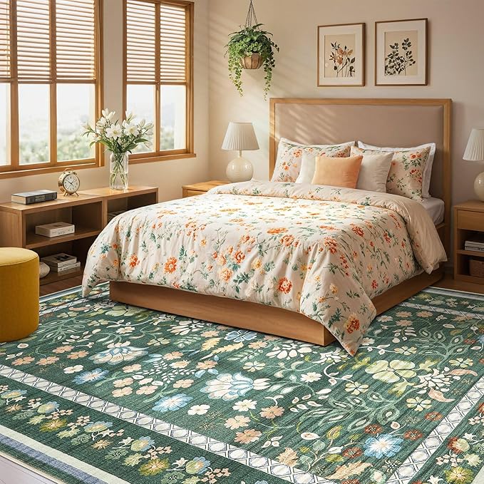 6x9 Area Rug Living Room Rugs - Washable Boho Vintage Floral Large Soft Non Slip Thin Rug Low Pile Carpet for Bedroom Dining Room Kids Playroom Office Decor Indoor- Green
