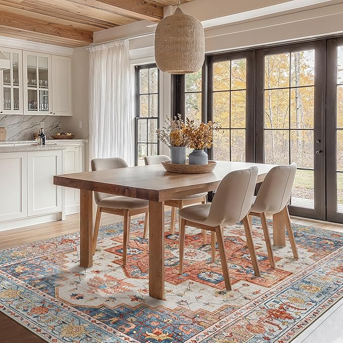 8X10 Area Rugs Machine Washable Rugs for Living Room, Vintage Boho Large Rugs for Bedroom Dining Room, Non Slip Indoor Soft Distressed Lightweight Thin Low Pile Carpet, Blue Beige Orange