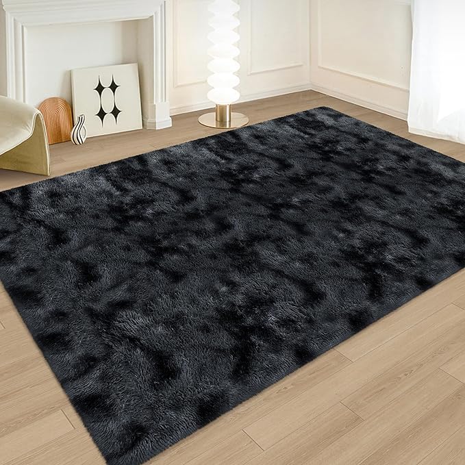 5x8 ft Shag Tie Dyed Black Fluffy Rugs for Bedroom,Indoor Floor Non Slip Carpet Throw Fuzzy Rug for Living Room Kids Room Boys Teens College Dorm Nursery Room Home Decor