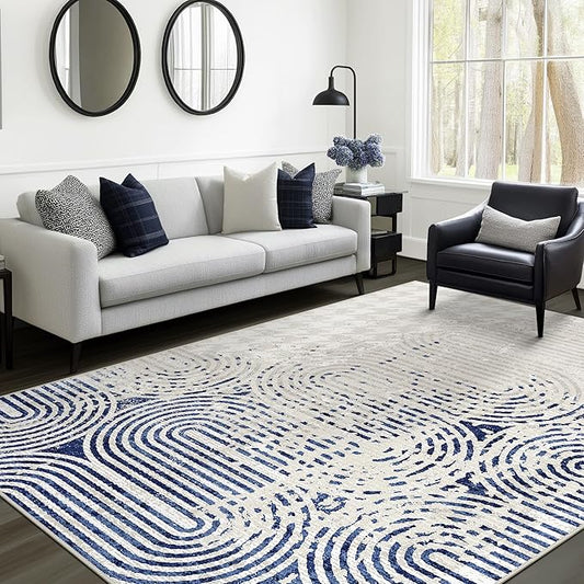 Bavni Area Rug, 6X9 Aesthetic Abstract Rugs for Bedroom, Non Slip Living Room Rugs, Durable Stain Resistant Washable Rug, Non Shedding Rug (Blue White)