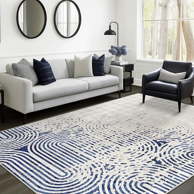 Bavni Area Rug 3X5, Washable Rug for Kitchen Dining Room, Non Slip Rugs for Bedroom, Aesthetic Modern Abstract Rugs for Living Room, Durable Non Shedding Rug (Blue White)