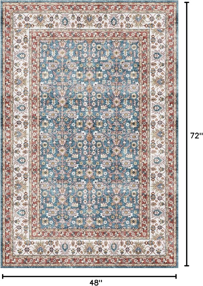 Dripex 4x6 Area Rugs, Machine Washable Non Slip Boho Rugs,Distressed Bedroom Rug, No Pile Lightweight Vintage Rug, Floor Carpet for Living Room,Dining Room and Office,Blue and Red