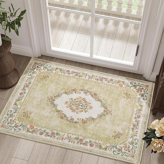 RYB HOME Washable Door Rug 2x3 for Enterway, Spring Floral Non Shedding Rug for Bedroom, Soft Faux Wool Non Slip Door Mat Runner for Kitchen Bathroom Laundry, 2x3 ft, Sage Green
