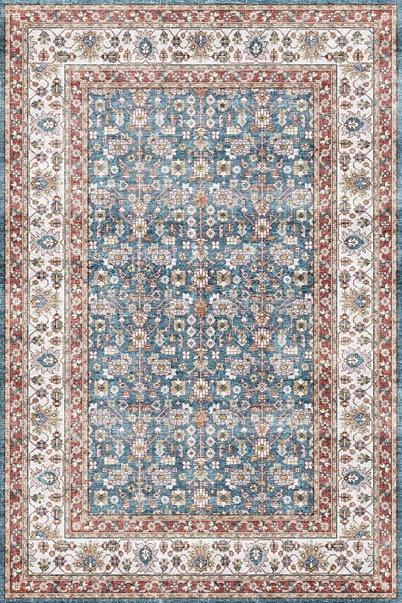 Dripex 4x6 Area Rugs, Machine Washable Non Slip Boho Rugs,Distressed Bedroom Rug, No Pile Lightweight Vintage Rug, Floor Carpet for Living Room,Dining Room and Office,Blue and Red
