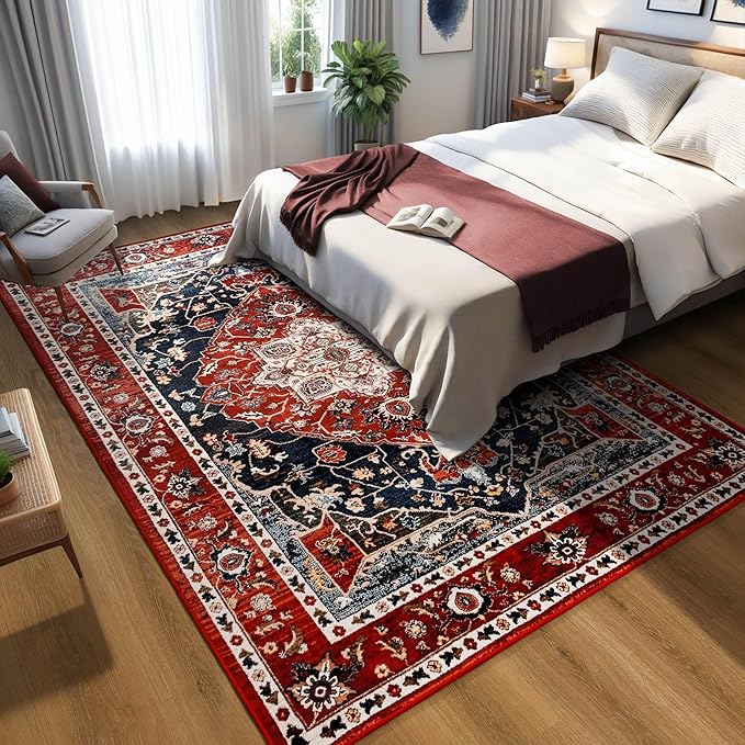 YJ.GWL Large Area Rug for Living Room, 5x8 Machine Washable Boho Rug for Bedroom, Low Pile Lightweight Thin Rugs Floral Vintage Distress Print Pattern Carpet for Dining Room, Red