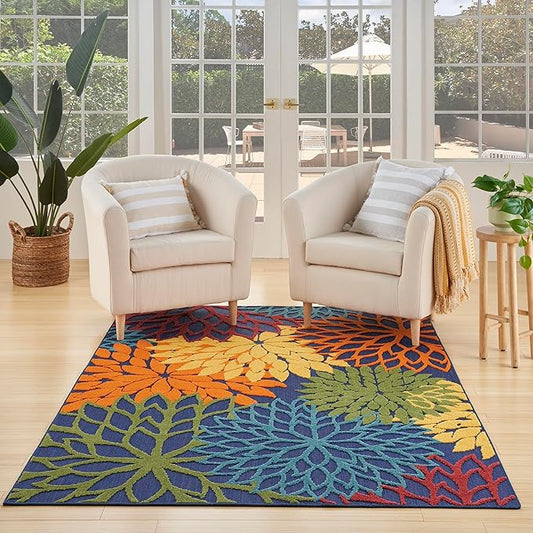 Nourison Aloha Indoor-Outdoor Navy Multicolor 3'6" x 5'6" Area Rug, Easy Cleaning, Non Shedding, Bed Room, Living Room, Dining Room, Backyard, Deck, Patio (4x6)