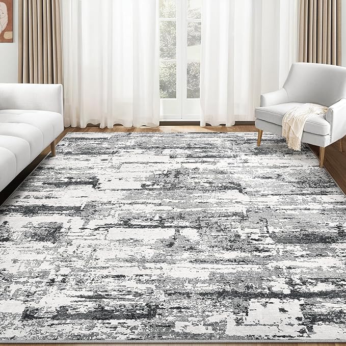 Area Rugs for Living Room: 8x10 Abstract Washable Rug Modern Neutral Large Soft Stain Resistant Non-Slip Backing Machine Table for Bedroom Dining Room Indoor Home Office Carpet - Black Grey