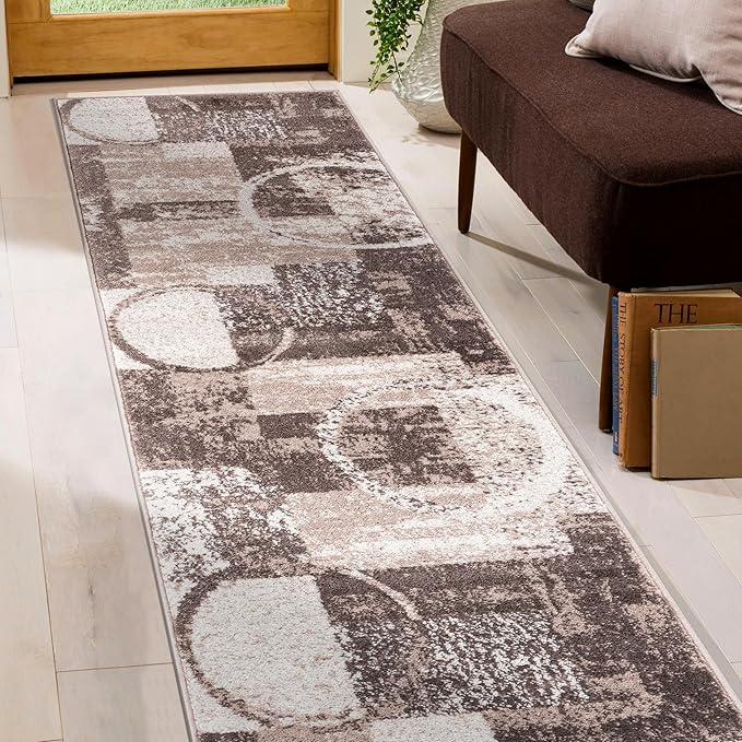Rugshop Contemporary Abstract Circle Design Soft Runner Rug 2' x 7'2" Brown