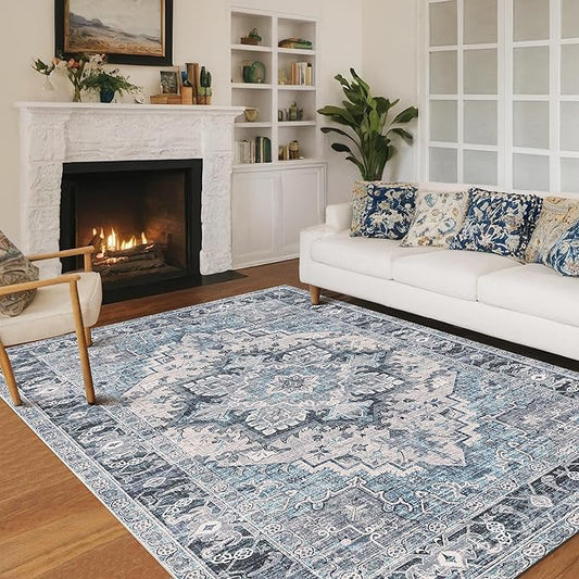 Washable Area Rugs Boho Non Slip Stain Resistant Thin Carpet Vintage Blue Printed Oriental Foldable Distressed 6x9 Rug for Living Room Bedroom Indoor House