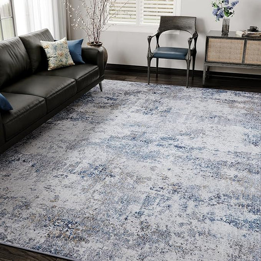 8x10 Washable Rugs Grey Blue Hallway Large Area Rug Indoor Accent Rug Abstract Non Slip Low Pile Carpet Distressed Throw Rug for Bedroom Living Room Office Dining Room Kitchen Laundry Room
