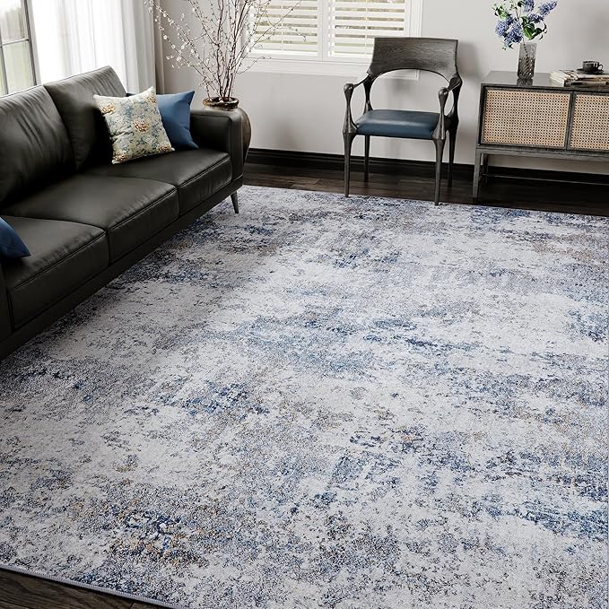 10x14 Washable Rugs Grey Blue Hallway Large Area Rug Indoor Accent Rug Abstract Non Slip Low Pile Carpet Distressed Throw Rug for Bedroom Living Room Office Dining Room Kitchen Laundry Room