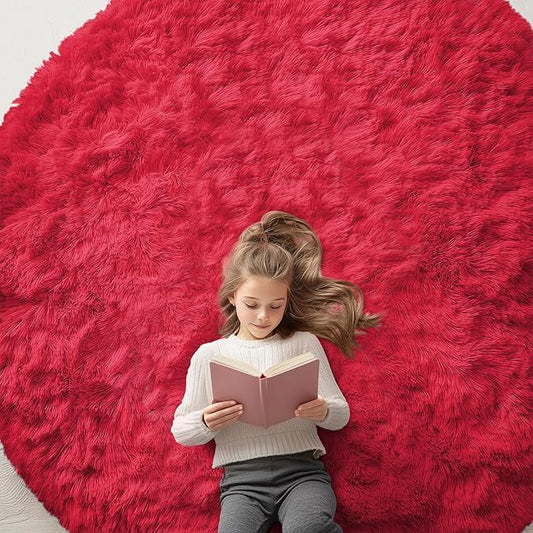 OLANLY Red Round Rugs for Bedroom - Machine Washable, 7x7 Feet Circle Area Rugs for Living Room, Soft and Fluffy Shaggy Carpet for Teen Girls and Boys, Dorms, Nursery Rooms, Home Decor Aesthetic