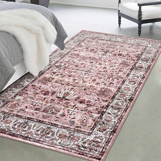 Area Rug - 3x5 Entry Rug, Machine Washable, Vintage Floral, Non-Slip, Distressed Boho, Perfect for Living Room, Kitchen, Bedroom, Laundry Room, Doorway - Pink