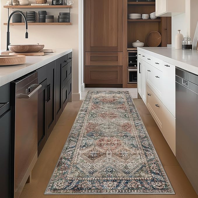 Bavni Clearance 2x5 Runner Rug Non Slip, Machine Washable Rug Runners for Hallways, Vintage Distressed Print Kitchen Runner, Low Pile Lightweight Carpet Runner for Entryway, Laundry, Bedroom, Red