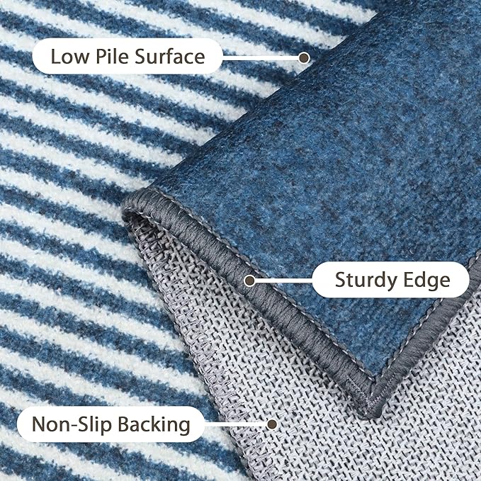 Bavni Area Rugs 8x10, Modern Soft Bedroom Rug, Machine Washable Rug Non Slip, Abstract Low Pile Large Rugs for Living Room, Dining Room, Blue White Lines