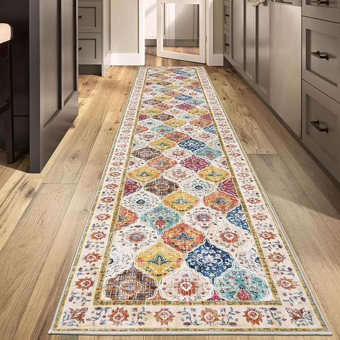 HEBE Hallway Runner Rug 2'x10' Washable Vintage Distressed Area Rugs Non Slip Laundry Rug Runner Boho Floor Carpet Runners for Hallways Entryway Laundry Room Kitchen Bathroom