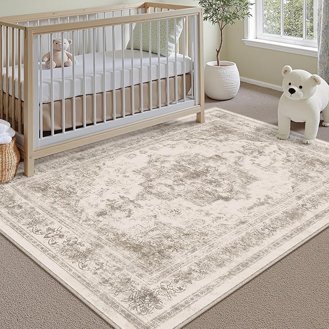 Area Rug 3x5 Washable Taupe Rug Vintage Boho Medallion Entryway Door Mat Entrance Distressed Retro Carpet Non Slip Low Pile Small Soft for Office Kitchen Bedroom Laundry Bathroom Hallway