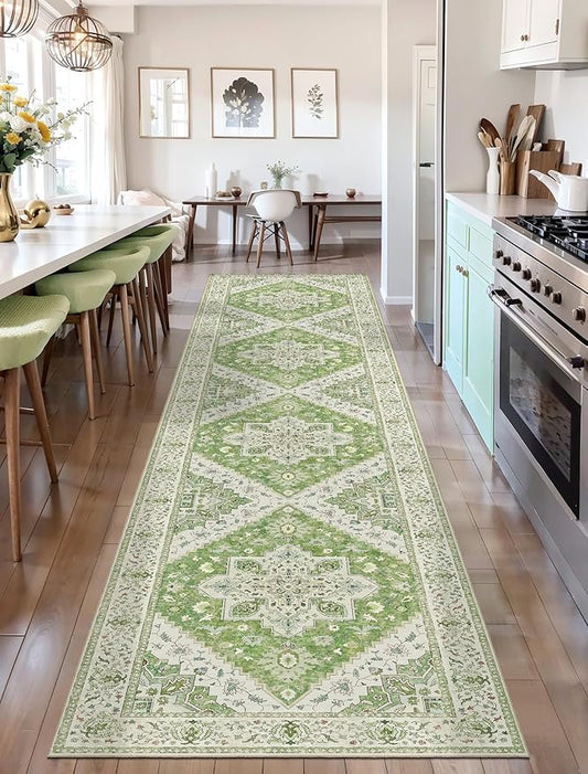 2x10 Vintage Green Floral Geometric Area Rug, Non Slip, Soft, Low Pile, Washable, Reversible, Lightweight