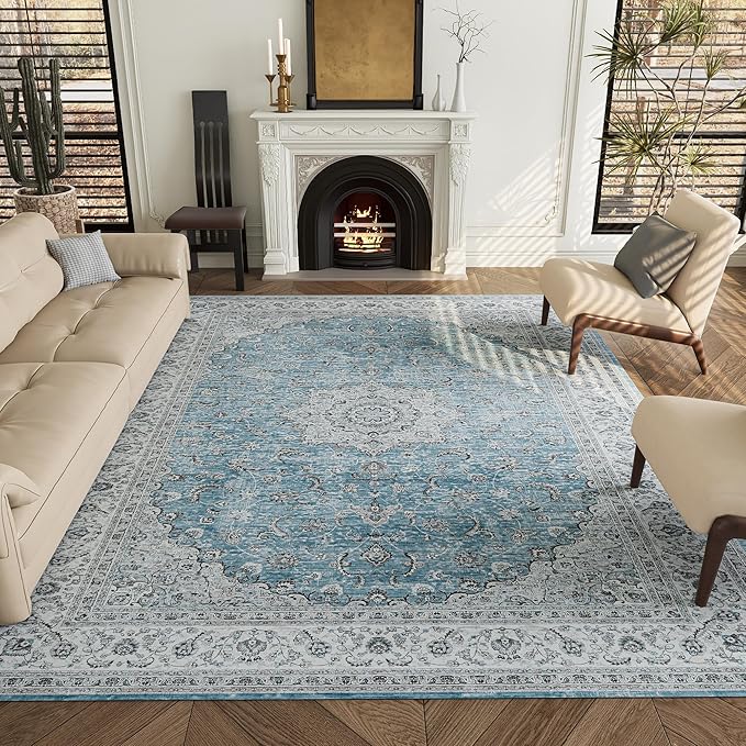 8x10 Rug, Washable Neutral Boho Modern Vintage Non Slip Floral Area Rugs, Low Pile Soft Rugs, Area Rugs, Slip Resistance Carpet, Pet-Friendly Carpet, Durable Rug for Living Room, Bedroom