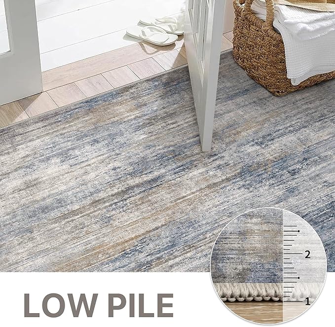 Bavni Washable Rug, Soft Abstract Rugs Non-Slip, Thin Foldable 6x9 Rug, Modern Stain Resistant Area Rug for Living Room, Kitchen, Bedroom, Blue/Light Grey