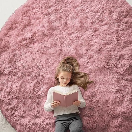 OLANLY Pale Pink Round Rugs for Bedroom - Machine Washable, 8x8 Feet Circle Area Rugs for Living Room, Soft and Fluffy Shaggy Carpet for Teen Girls and Boys, Dorms, Nursery Rooms, Home Decor Aesthetic