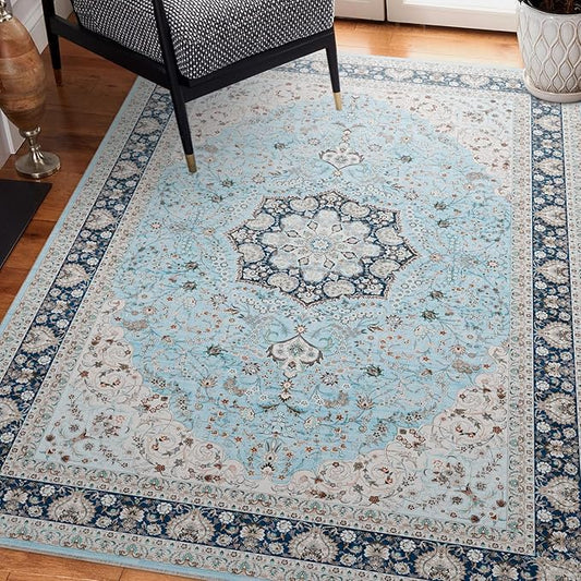 3x5 Area Rug, Washable Rugs for Living Room Bedroom Entryway Indoor Door mat, Vintage Boho Rugs Low-Pile Floor Carpet Light Blue