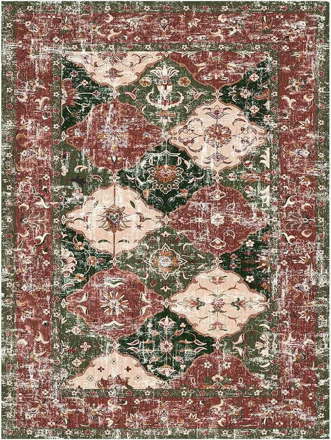 Washable Boho Vintage Area Rugs 5×7 Non-Slip Traditional Red and Green Carpet for Living Room Bedroom Dining Room Farmhouse