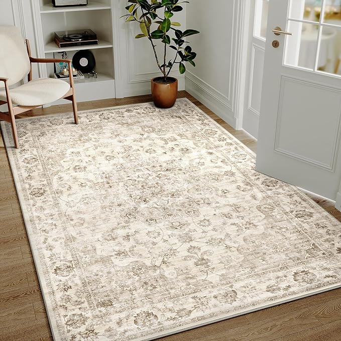 5x7 Washable Neutral Area Rug Beige Floral Living Room Bedroom Carpet Non-Slip Low Pile Vintage Soft Thin Throw Rug for Dining Room Entryway Dorm Office Kitchen Bathroom
