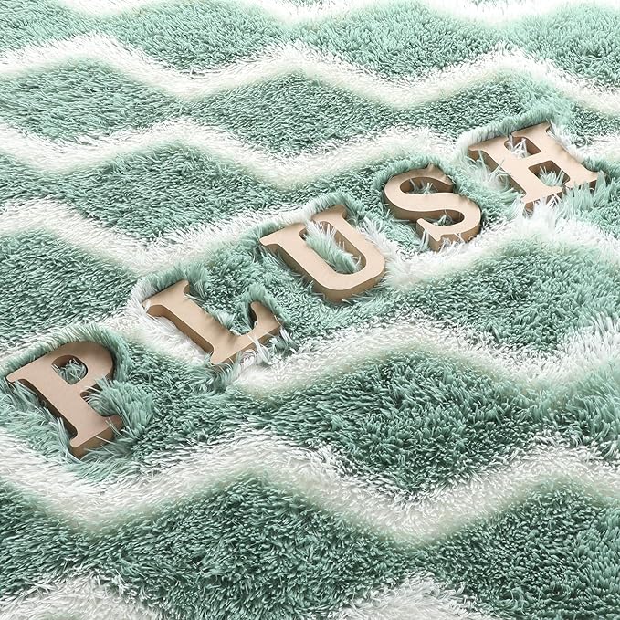 RUGTUDER Soft 5x8 Area Rug, Washable Shaggy Fluffy Striped Shag Rugs for Living Room Bedroom Baby Nursery Girls Boys Kids Room Teens Dorm, Non-Slip Plush Chevron Indoor Floor Rug, Sage Green and White