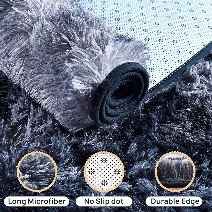 Anti-Skid Rectangular Fuzzy Rug Fluffy Rug for Living Room Non-Slip Shag Fuzzy Rug for Nursery Tie-Dyed Blue Grey Rectangle 4x6 Feet