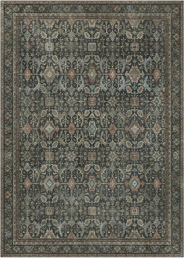 10X12 Area Rugs Machine Washable Rugs for Living Room, Vintage Boho Large Rugs for Bedroom Dining Room, Non Slip Indoor Soft Distressed Lightweight Thin Low Pile Carpet, Black