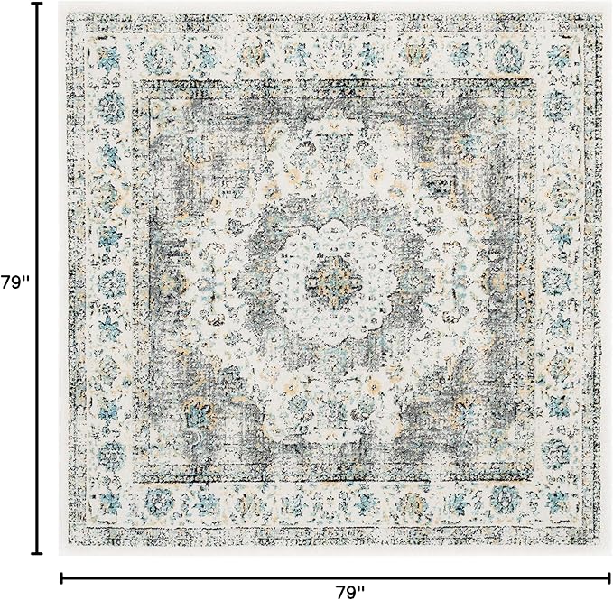 SAFAVIEH Evoke Collection Area Rug - 6'7" Square, Grey & Gold, Shabby Chic Oriental Medallion Design, Non-Shedding & Easy Care, Ideal for High Traffic Areas in Living Room, Bedroom (EVK220B)