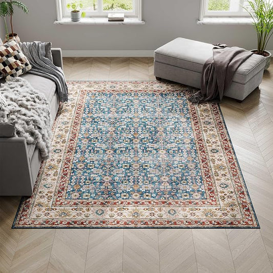 Dripex 4x6 Area Rugs, Machine Washable Non Slip Boho Rugs,Distressed Bedroom Rug, No Pile Lightweight Vintage Rug, Floor Carpet for Living Room,Dining Room and Office,Blue and Red