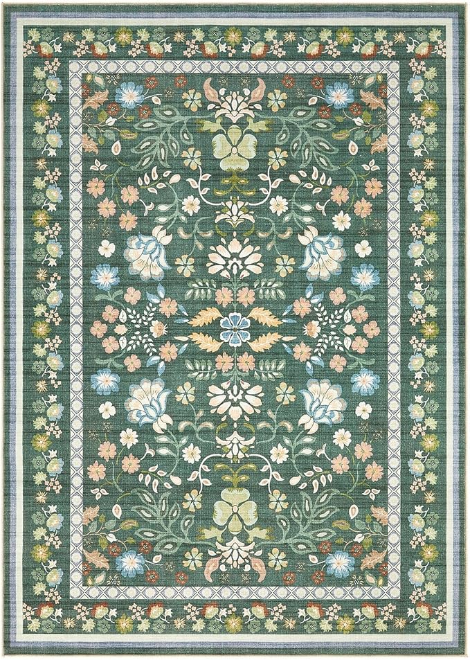 10x14 Area Rug Living Room Rugs - Washable Boho Vintage Floral Large Soft Non Slip Thin Rug Low Pile Carpet for Bedroom Dining Room Kids Playroom Office Decor Indoor- Green
