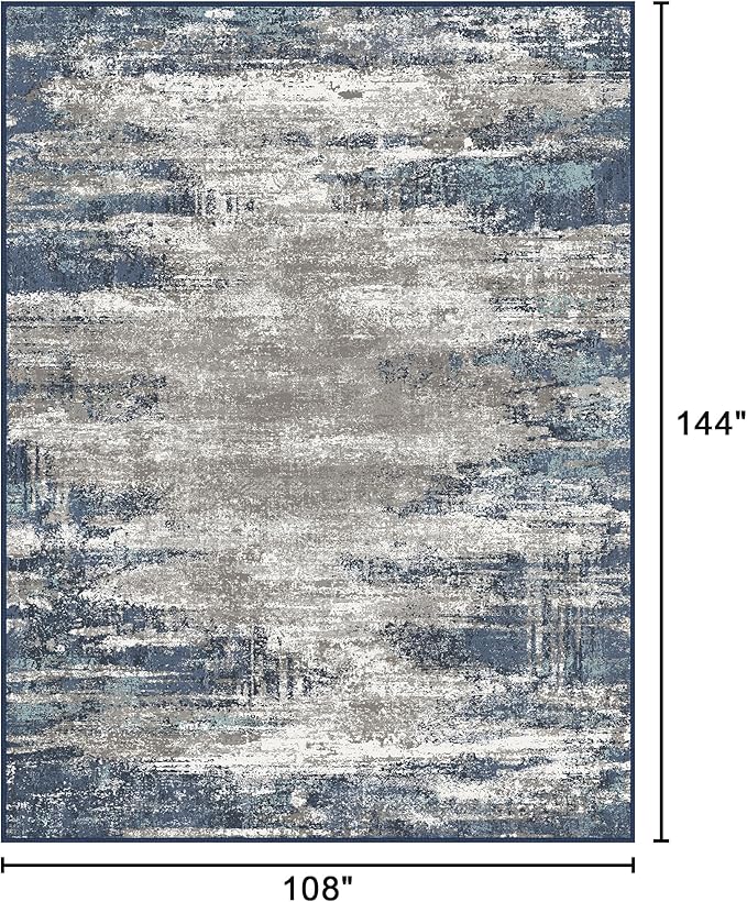 Bavni Area Rugs 9x12 Living Room, Modern Machine Washable Rugs Non-Slip, Abstract Soft Large Rug for Bedroom, Dining Room, Office, Playroom, Blue/Ivory
