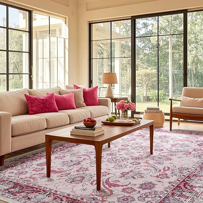Area Rugs for Living Room, Washable 5x7 Area Rug for Bedroom, Floral Non-Slip Carpet for Nursery Home Office Dining Room Kitchen, Pink and White
