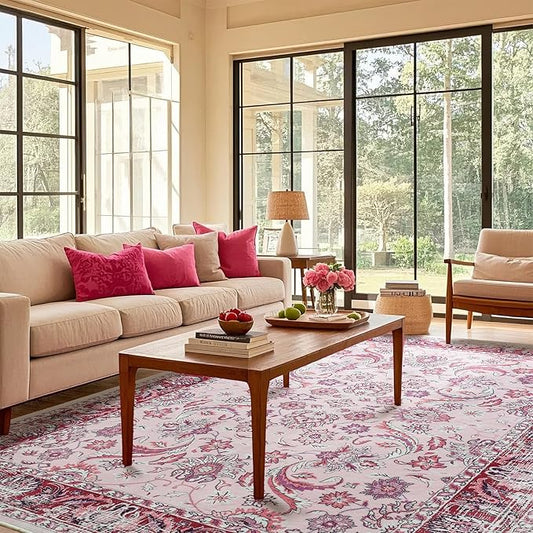 Area Rugs for Living Room, Washable 5x7 Area Rug for Bedroom, Floral Non-Slip Carpet for Nursery Home Office Dining Room Kitchen, Pink and White